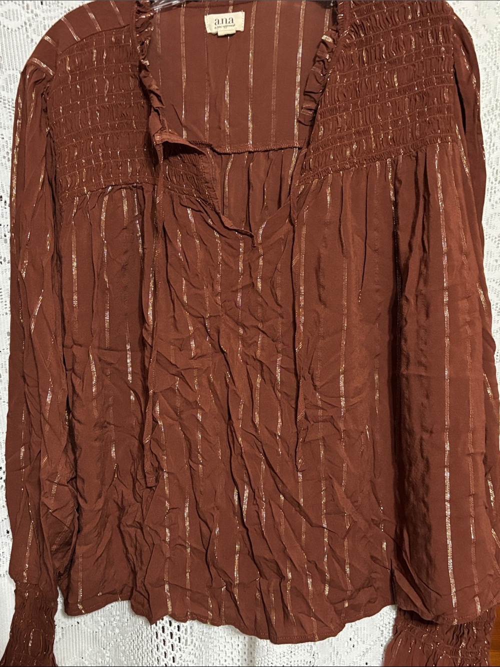a.n.a Rust Brown Metallic-Strip Peasant Blouse Size XXL